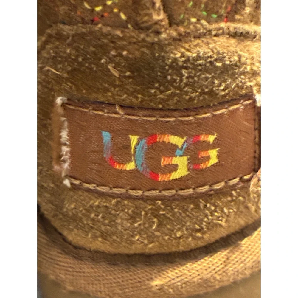 UGG Australia Classic Short Rainbow Logo‎ Embroidered Chestnut Suede Boots Kids